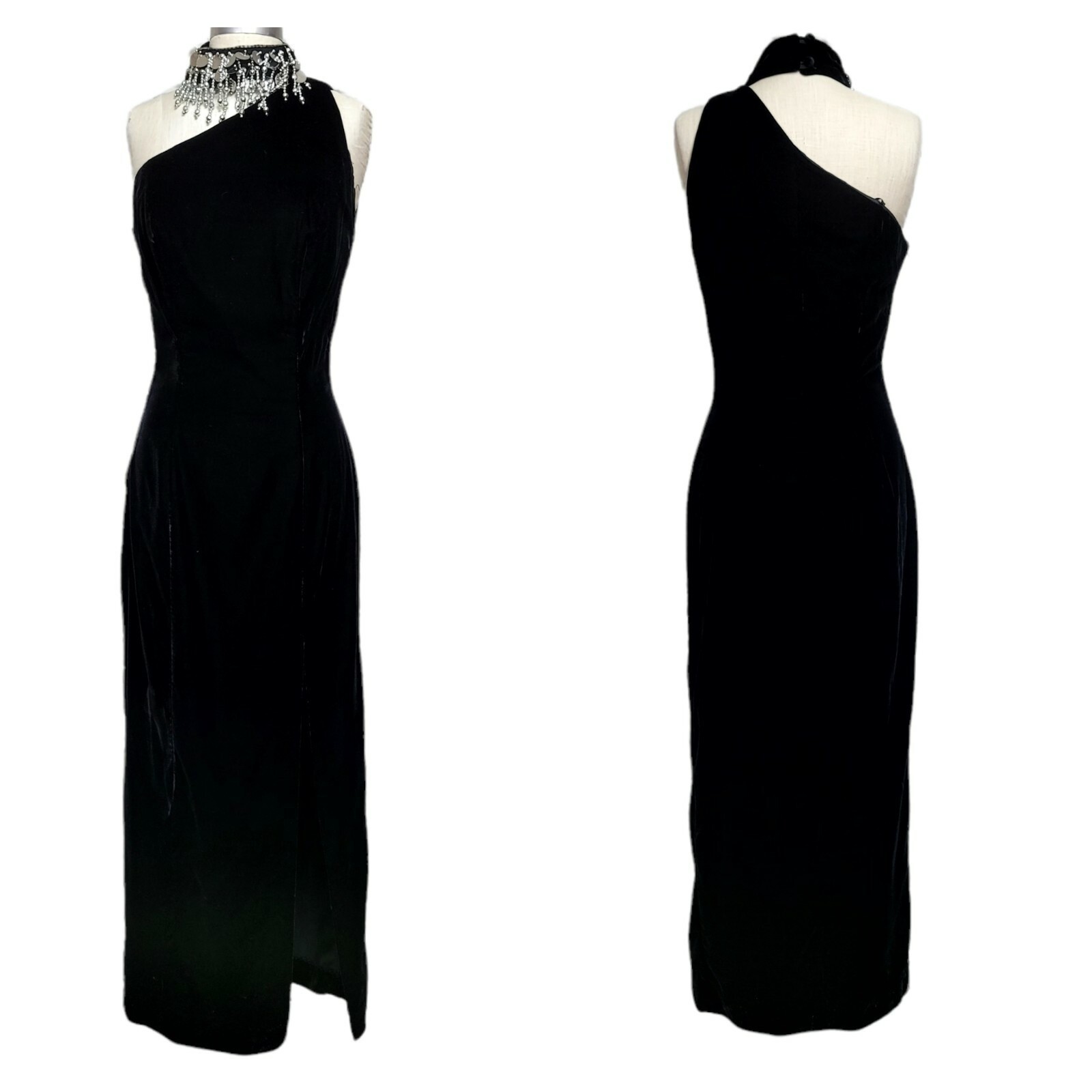 Vintage 90s Karen Okada Climax Black Velvet One Shoulder Maxi Gown Beaded Collar