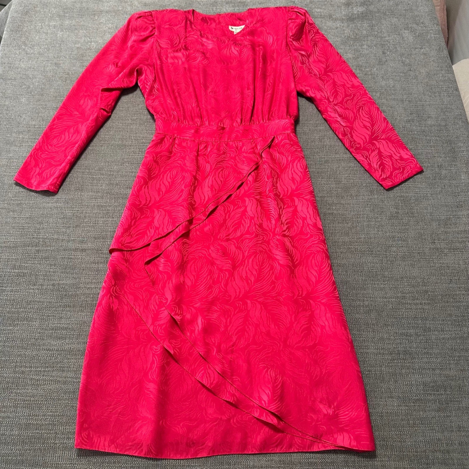 Nora Noh Silk Jacquard Midi Dress Womens 4P Fuchsia Pink Vintage Ruffle 80s