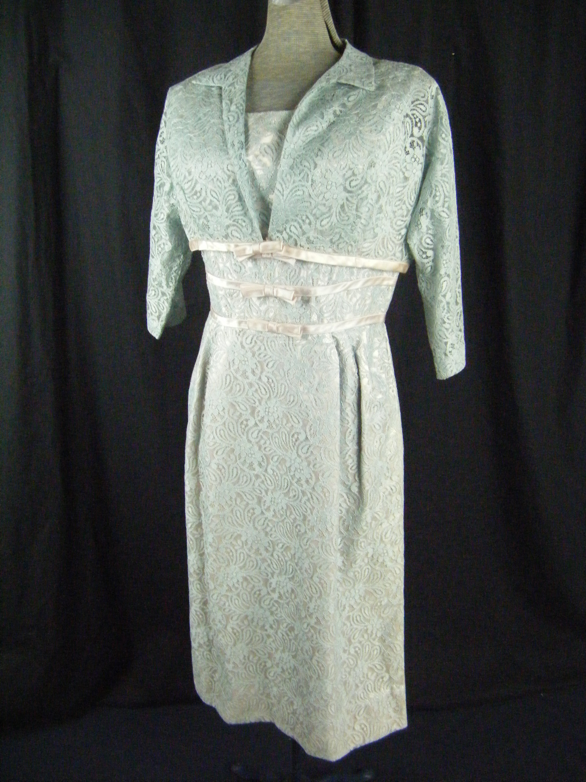 Vtg 50s Blue Lace/Pink Satin Bows Dress/Jacket-Bust 38/ M