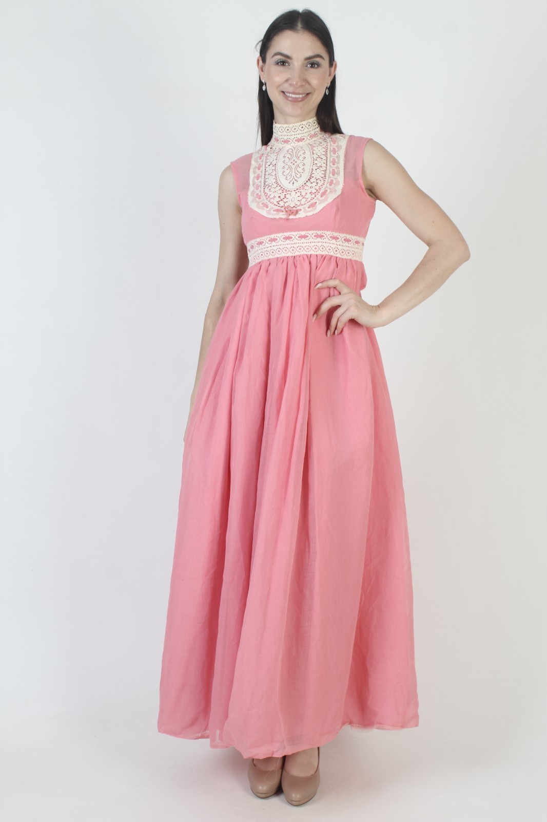 Vtg 70s Pink Prairie Dress High Waist Crochet Lace Victorian Boho Wedding Gown