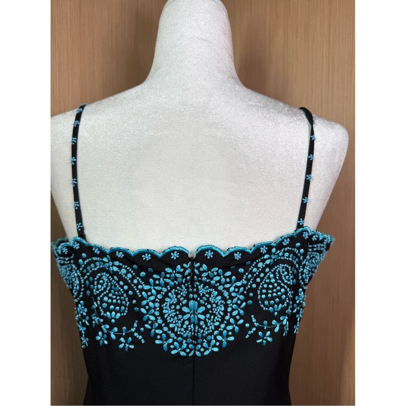 Ann Taylor 100% Dupioni Silk Black Slip Dress Beaded Bodice Straps Sz 10 Vintage