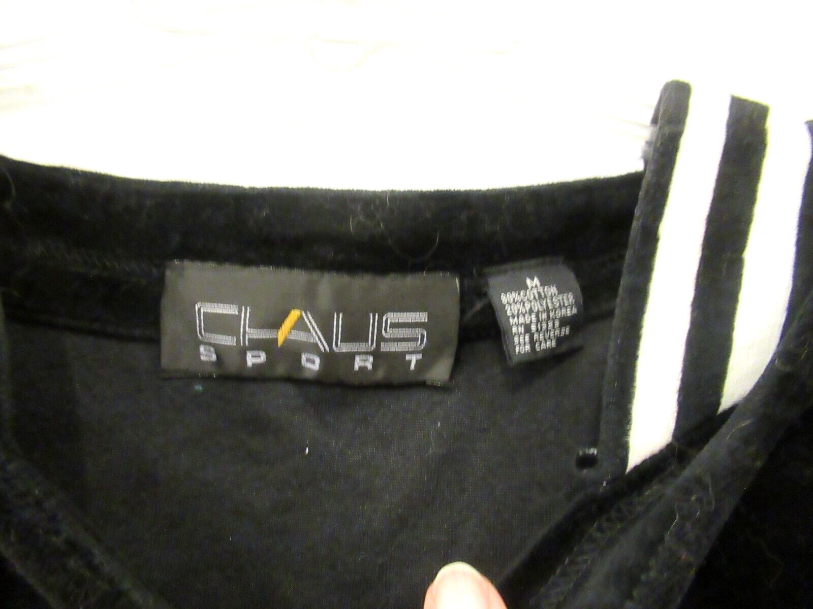 Chaus Sport black velour top with black and white trim, 40″ chest, c. 1980s