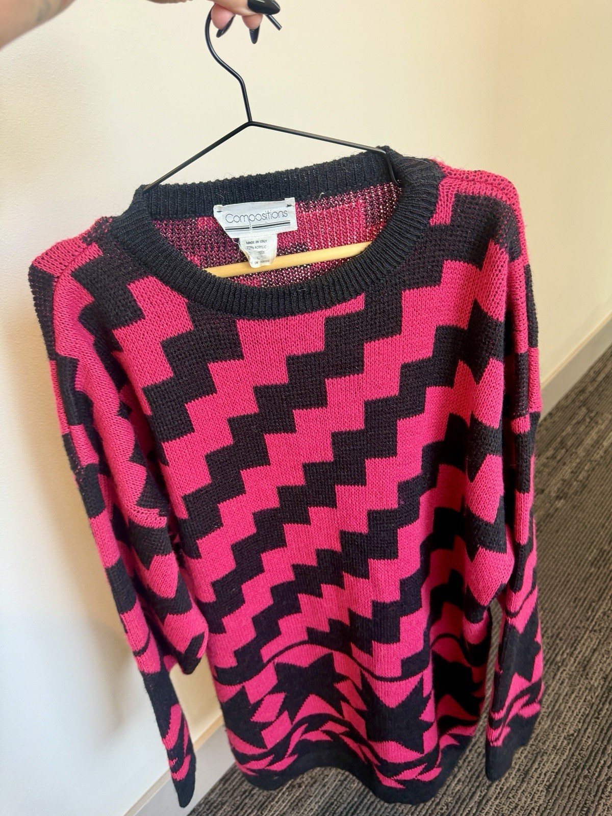 Vintage Compositions Made in Italy Geometric Sweater Pink Black Knit Size L