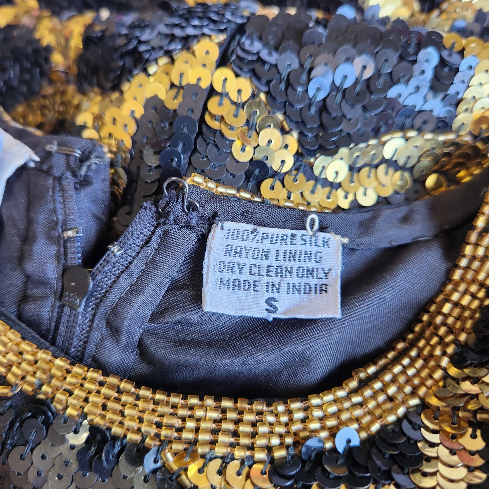 Vintage 80’s Scalloped Sequin Black Gold Silk Dress as seen on Katy Perry Size S