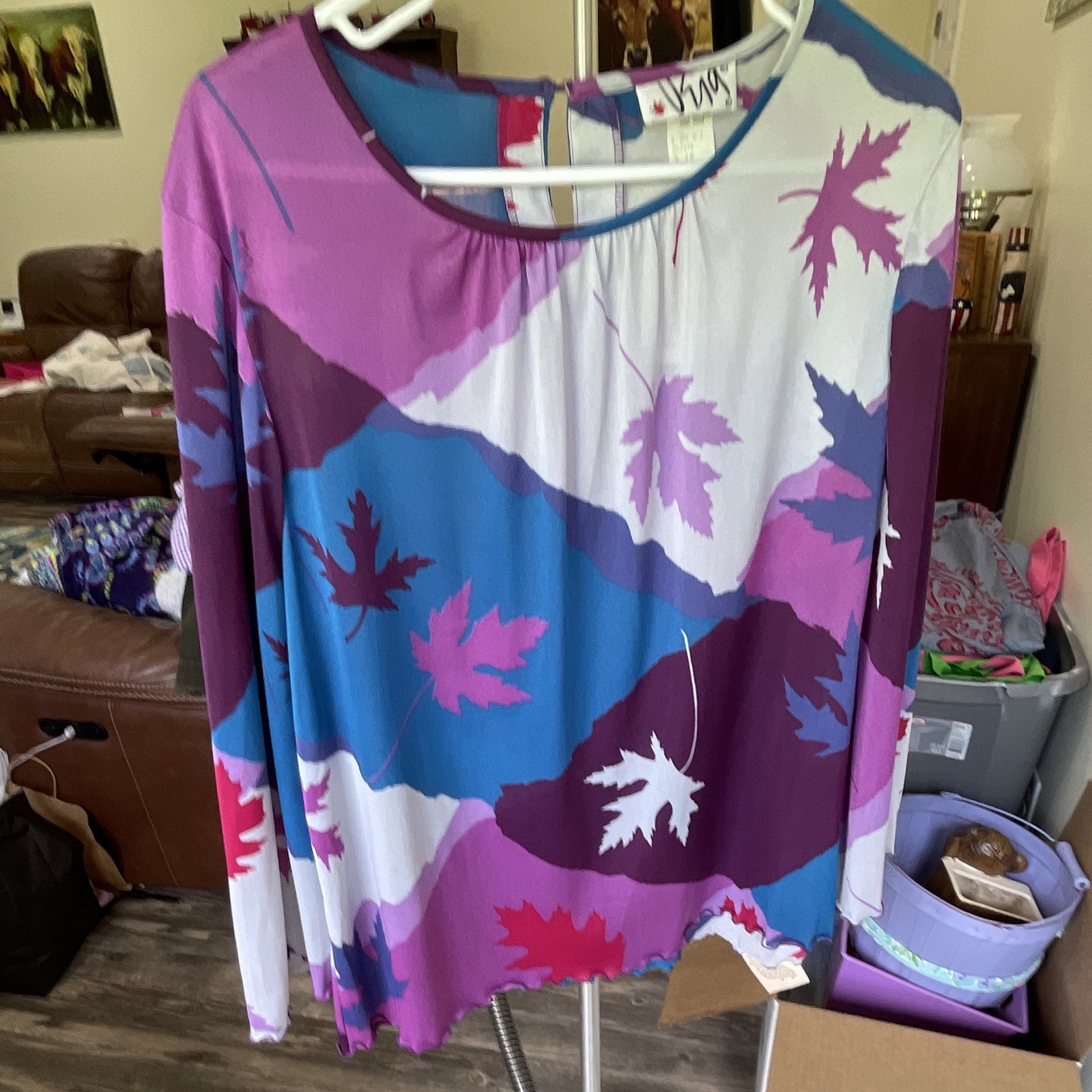 Vintage Vera Neumann Blouse Top Medium Long Sleeve Mod Leaves Purple