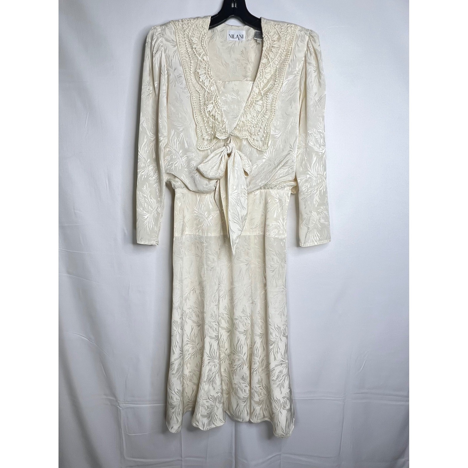Vintage Nilani Cream Jacquard Tea Dress 8 Lace Collar Bow 80s Wedding Cottage