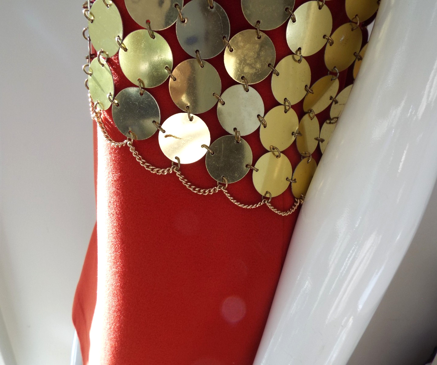 Vintage 1960s Gold Tone Metal Disc Chain Mail Vest Top & Skirt Dress Paillette