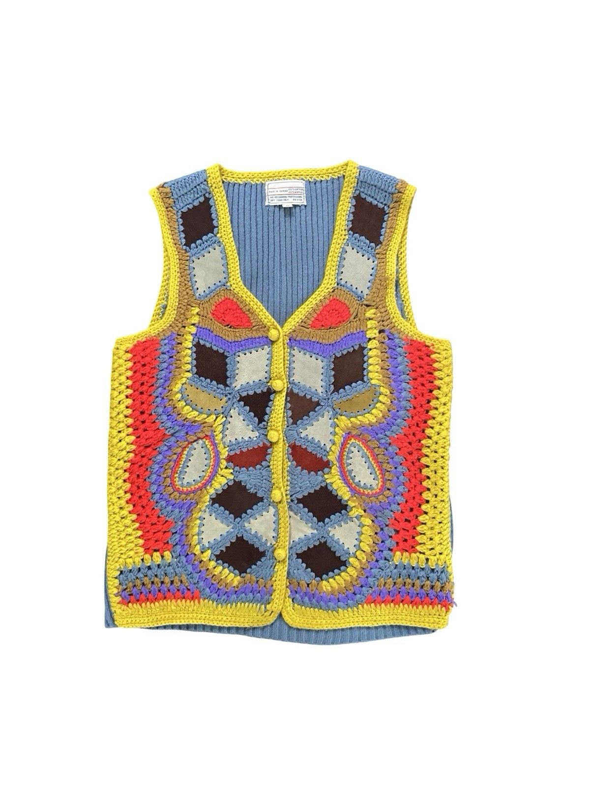 Vintage 70s Aware Acrylic Suede Multicolor Geometric Crochet Vest Size Medium