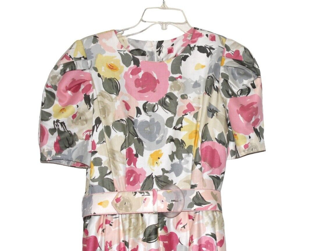 Vtg Nieman Marcus Dress Floral Pleated Skirt Puff Sleeves See Measurements
