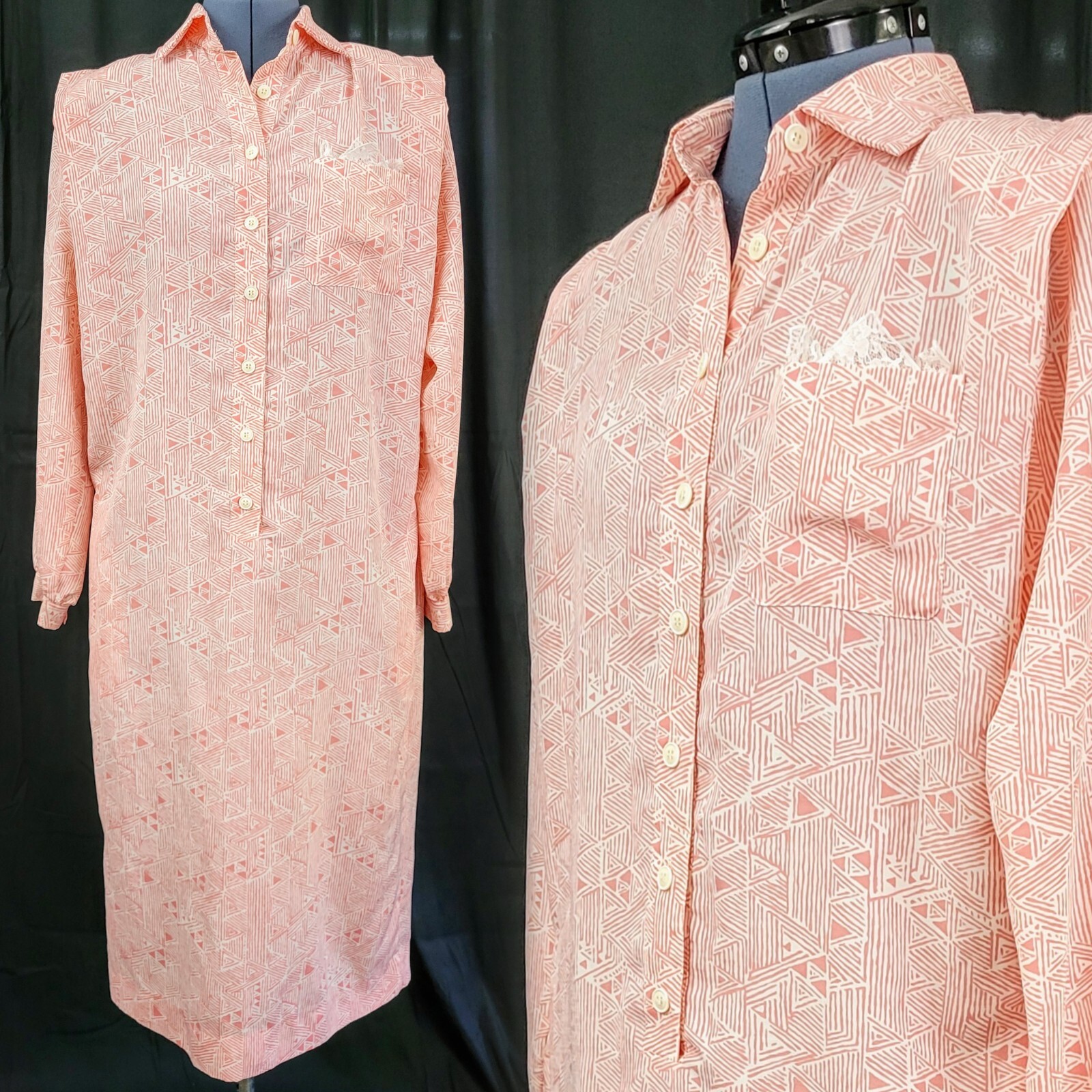 Vintage Schrader Peachy Pink & White Geometric Shirt Dress Size 8