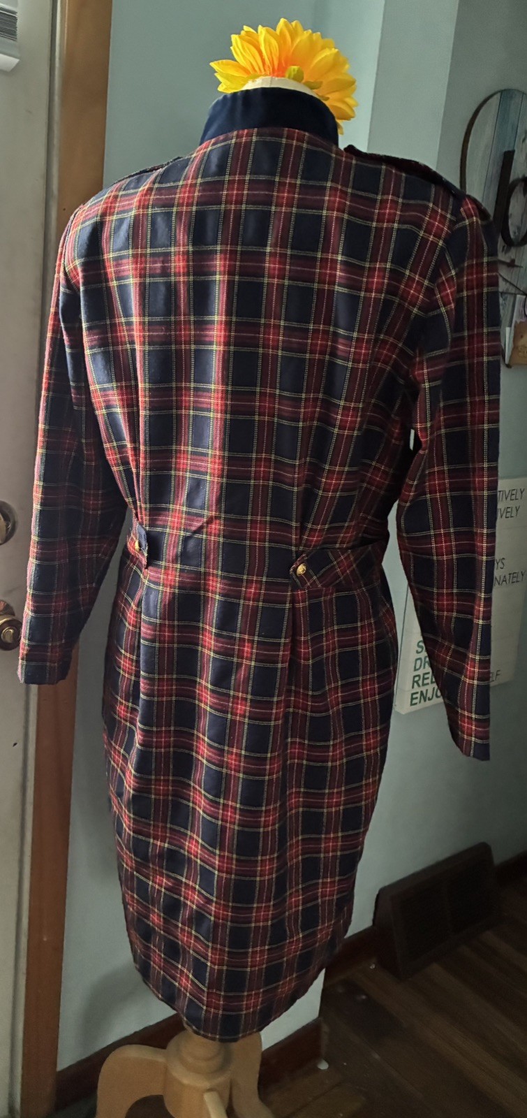 Vintage Laura Plaid 100% Cotton Dress Velvet Collar Gold Buttons USA 80s Sz 14