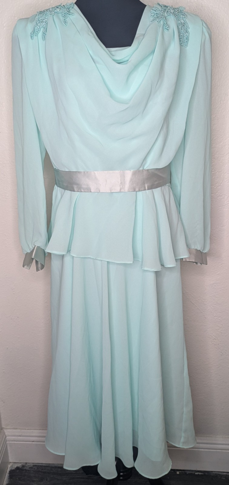 Vtg Petites By Demaro Seafoam Formal Chiffon Embroidery Pearl Ribbon Dress Sz 13