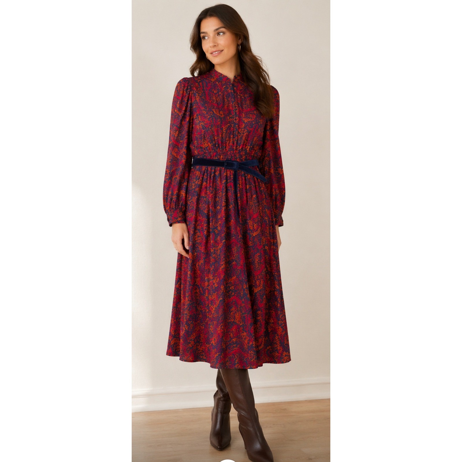 Vintage David Warren New York Paisley Dress Size 12 Red Navy Velvet Belt Midi