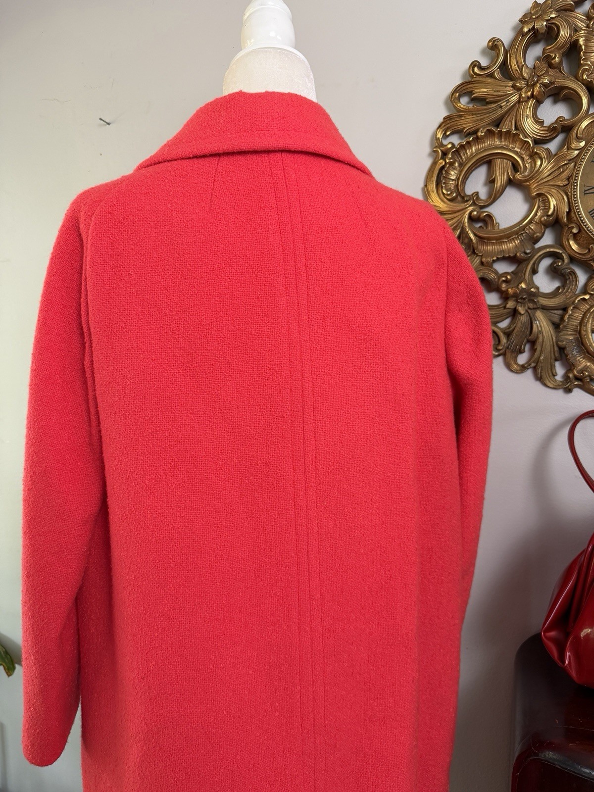Vtg 1960s Bromleigh New York Wool Red Trench Coat Mod Mid Century Overcoat Flap