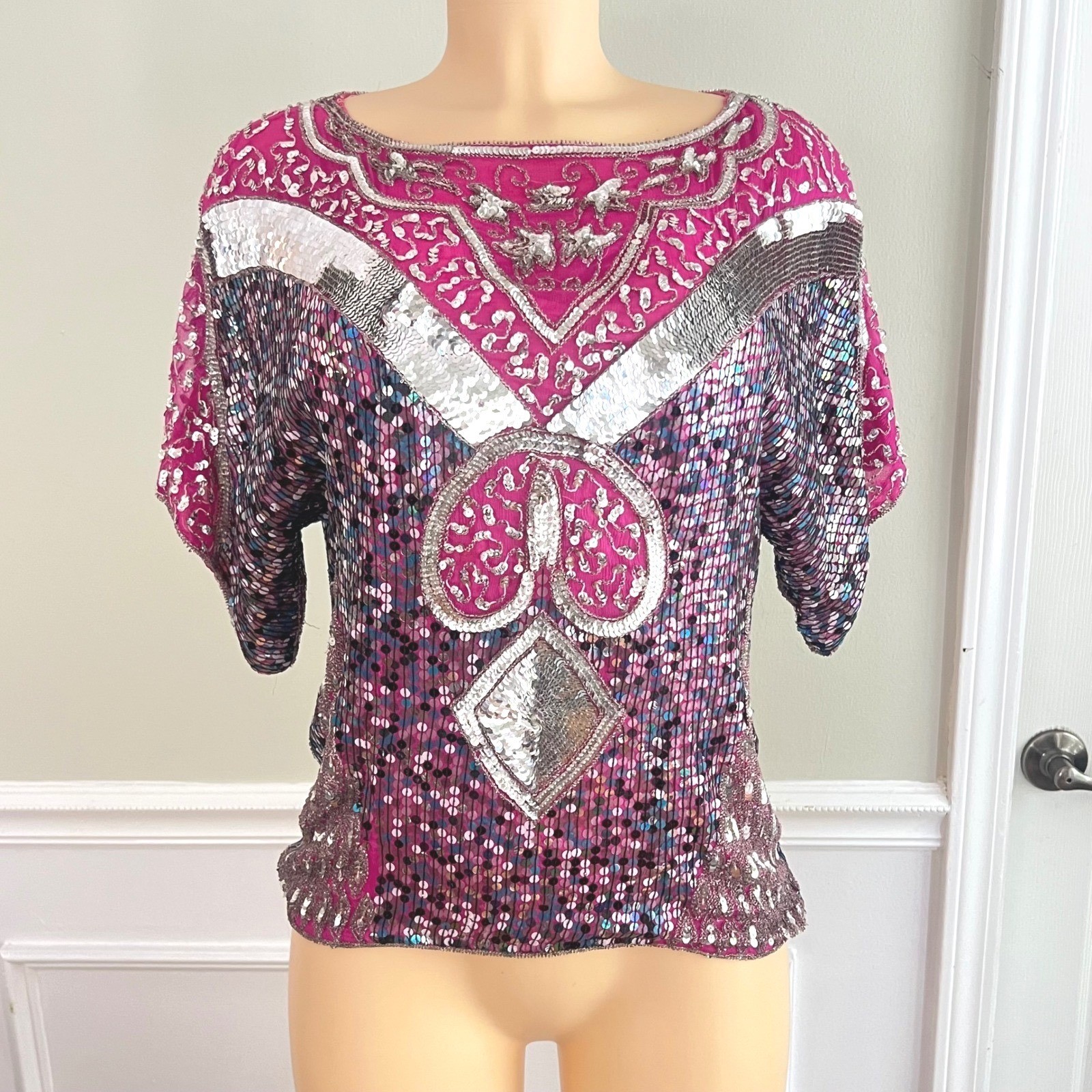 Vintage Sequin Top Women Medium Pink Silver Beaded Silk 80s Glam Disco Party