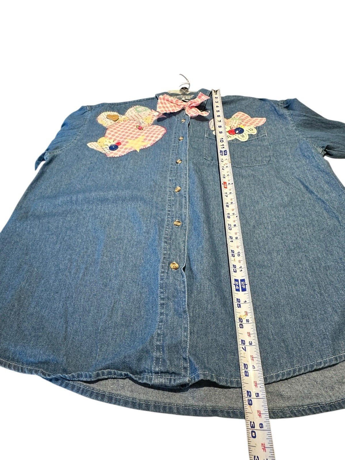 Vtg Western Country 90s Patchwork Denim Top Appliqué Hearts Buttons Lace Large