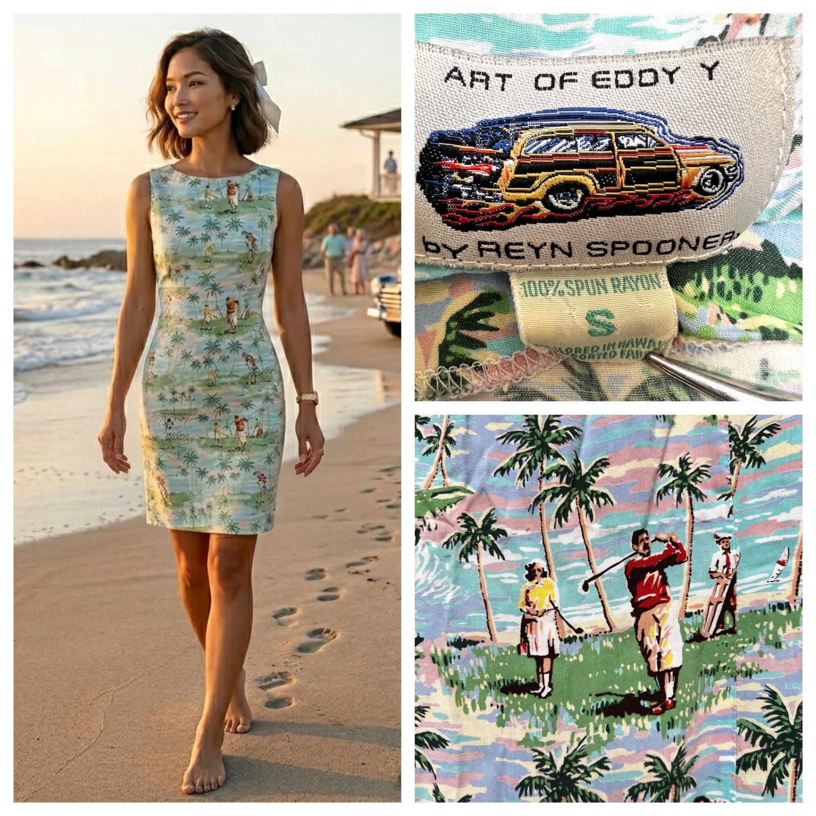 Vtg Reyn Spooner Dress Art of Eddy Y Golf Novelty Woodie Label Collectible Small