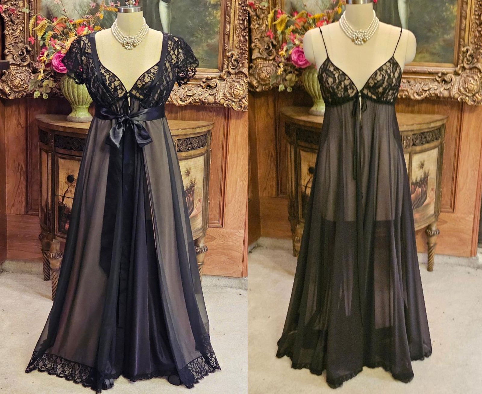 LUCIE ANN BEVERLY HILLS VINTAGE BLACK LACE & NUDE PEIGNOIR SET – GLAMOROUS!