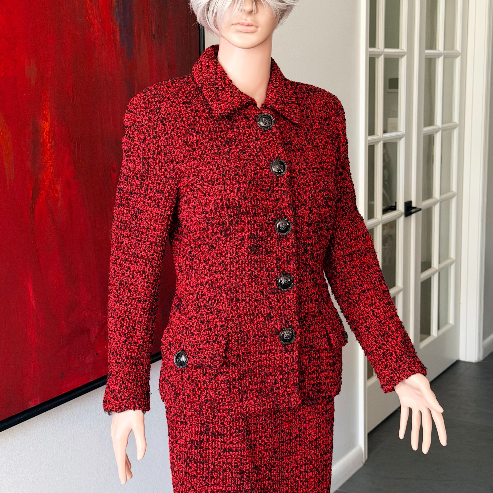 GIANNI VERSACE red wool boucle skirt suit size 42 from F/W 1995/96