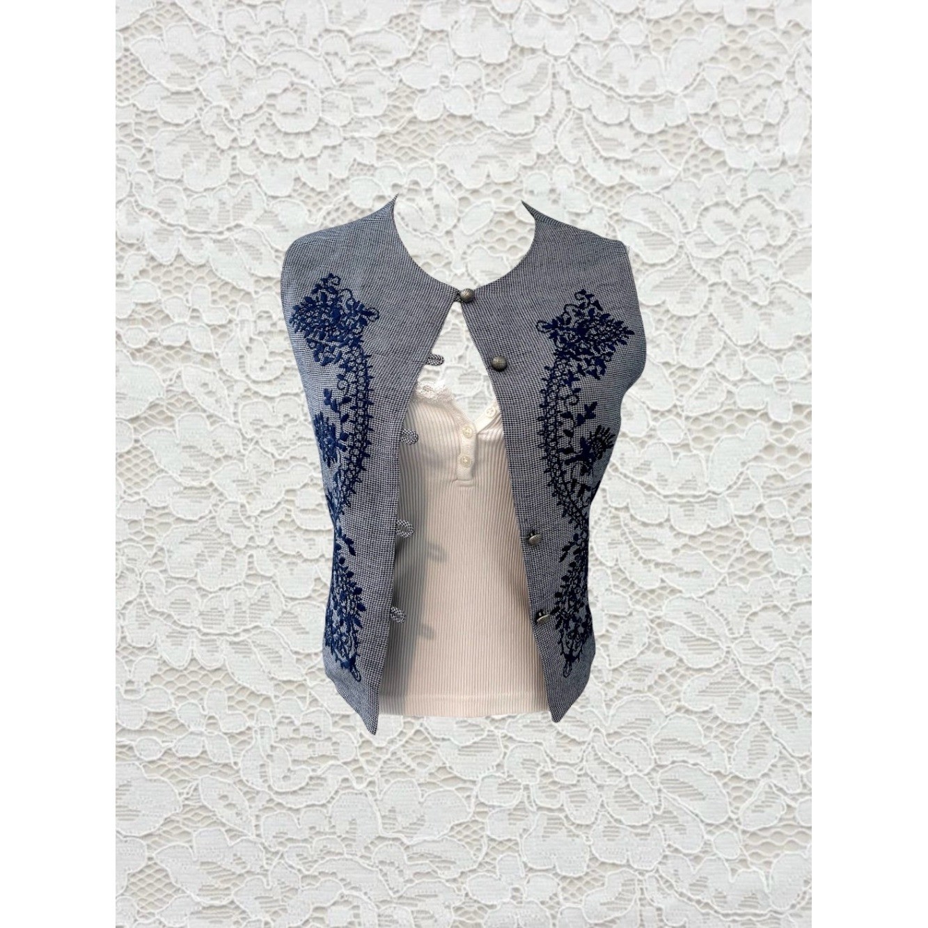 vintage express navy blue embroidered button mini vest