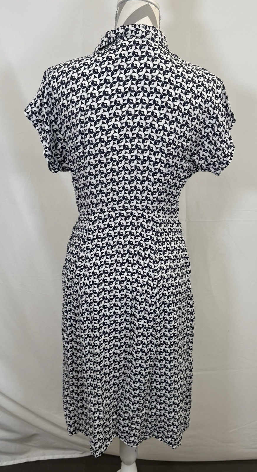 Vintage 70’s Womens Midi Dress Geometric Print Navy & White V-Neck *READ
