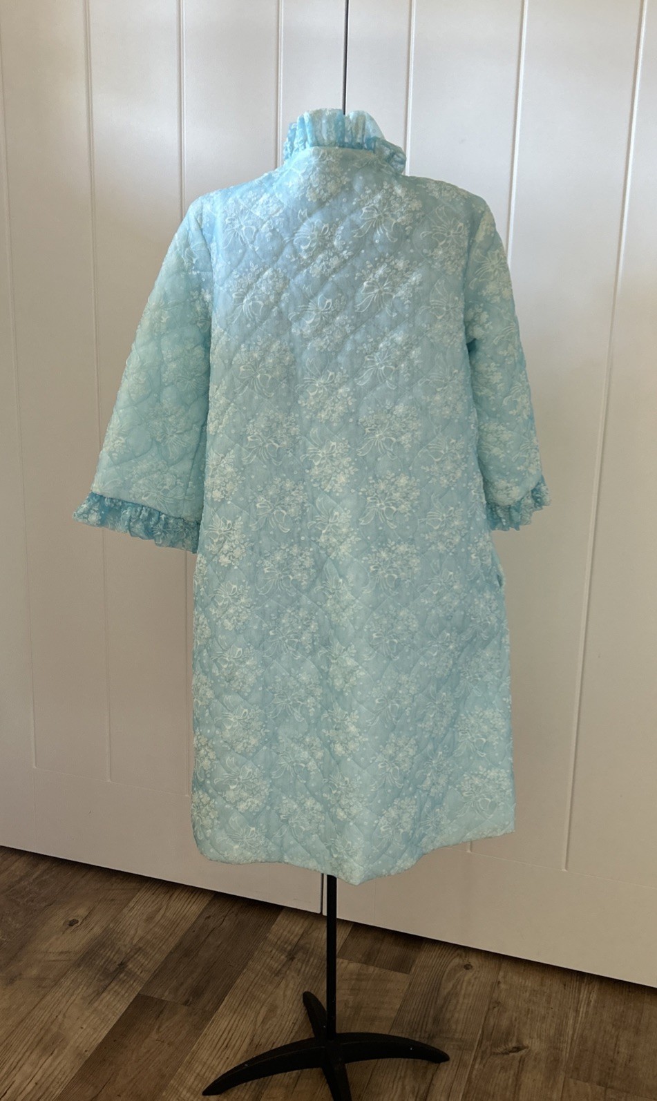 Vintage 1960’s Basila Blue Quilted Robe With Ruffle Neck And Cuffs Side Pockets