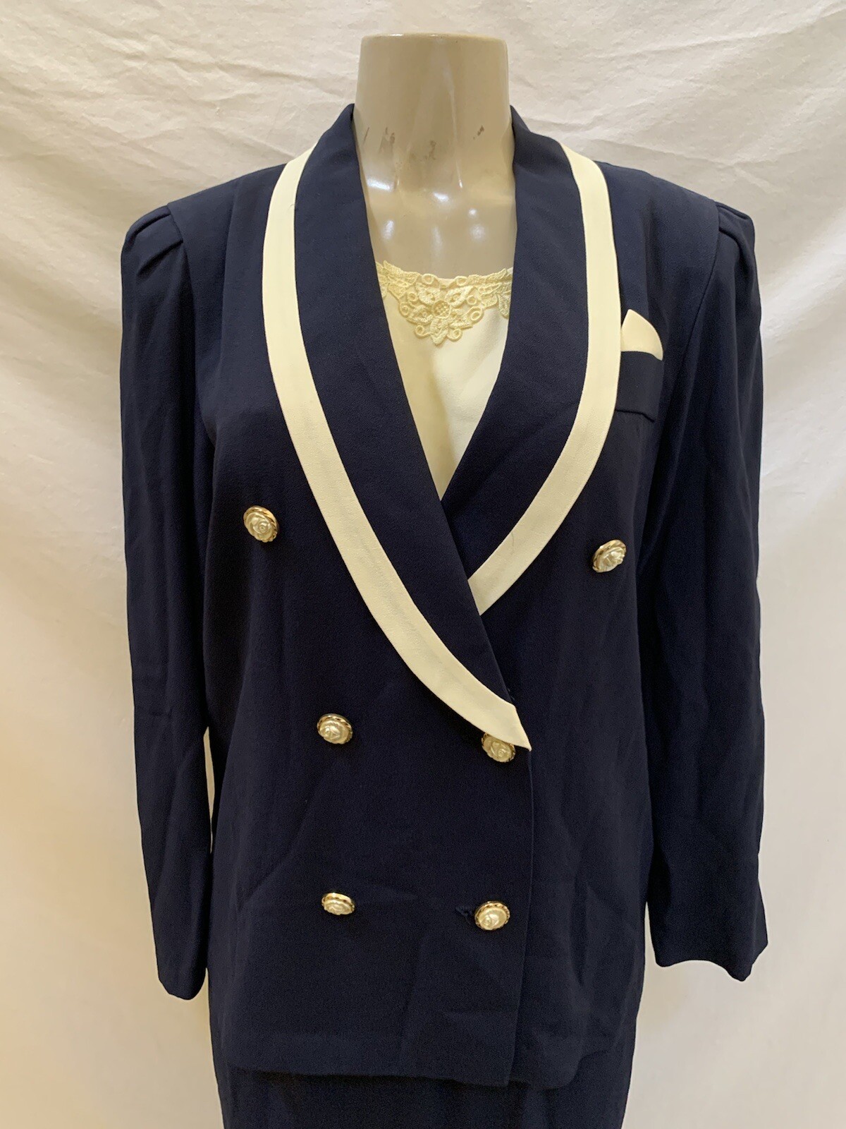 Vintage Michael Blake Navy Blue & Ivory 2pc Secretary Skirt Suit Set