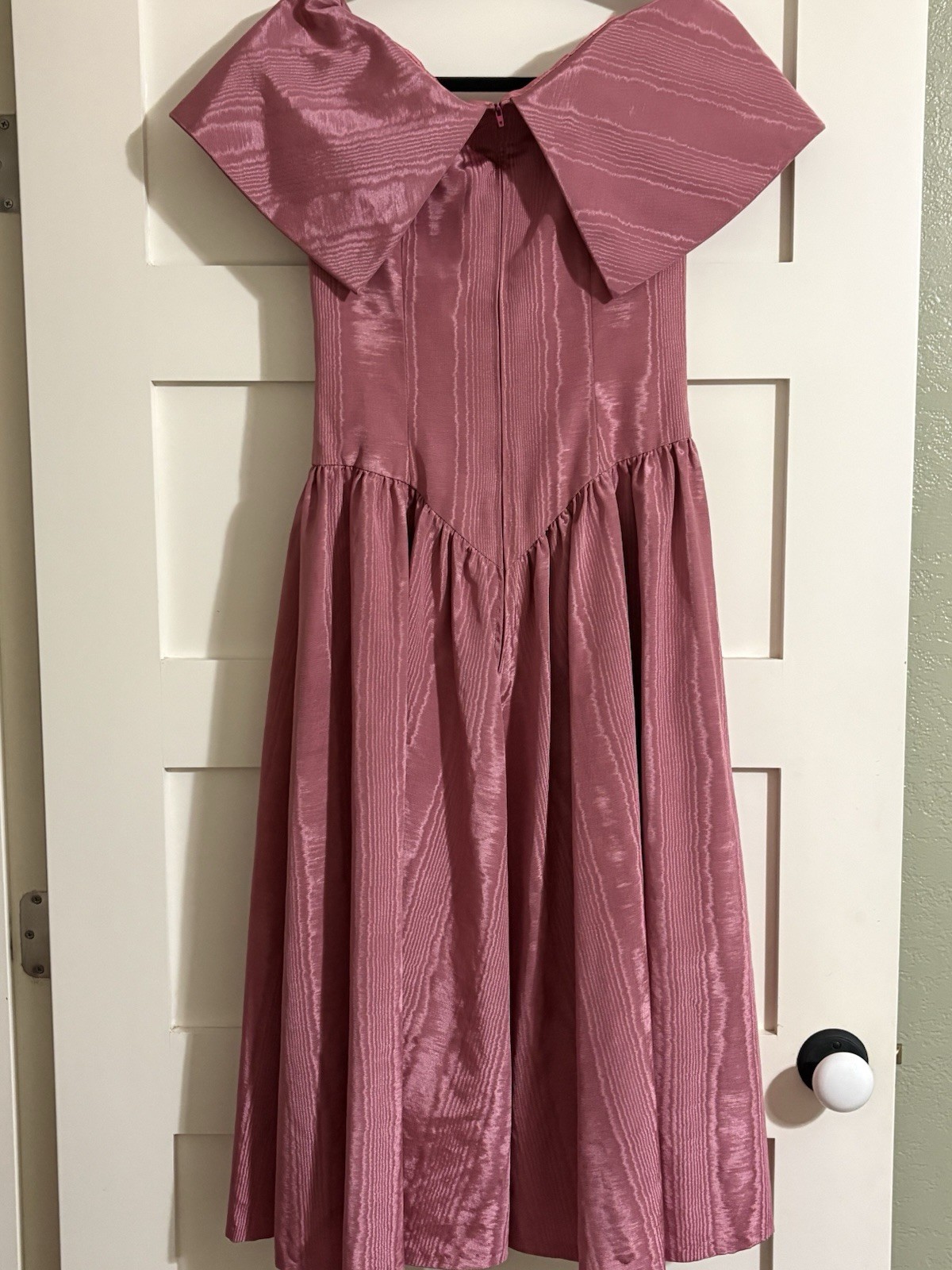 Vtg Handmade Rose Pink Moire Taffeta Dress 80s Basque Waist Rosette Prom Small