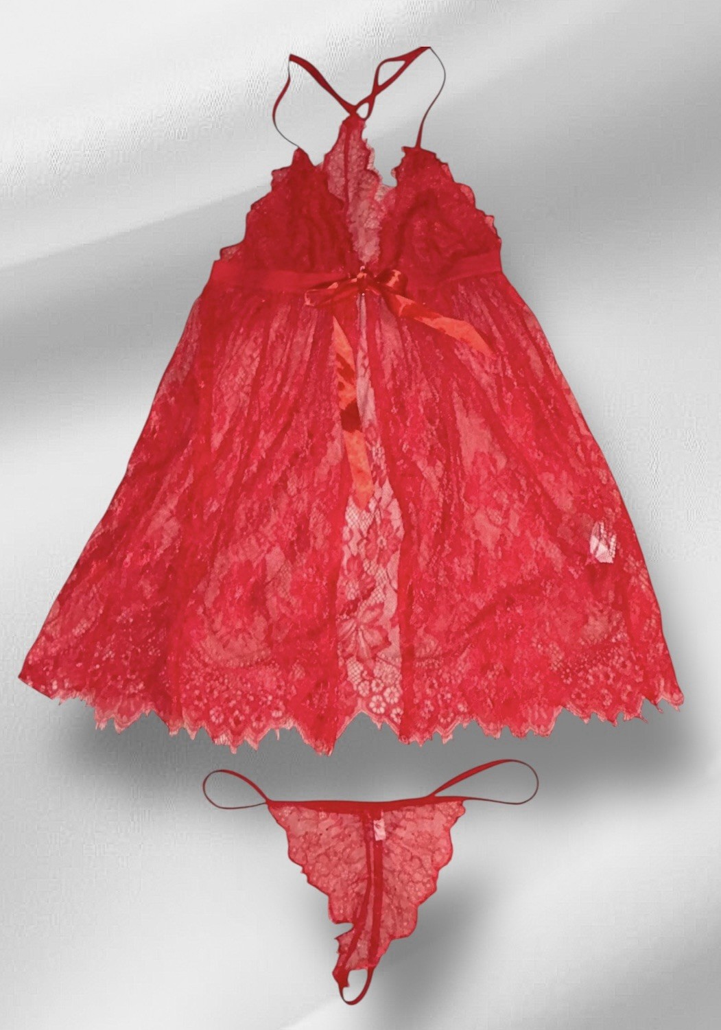2PC AVIDLOVE Red Shiny Sheer Lace Peek A Boo Front Closure Nightie & Panties S