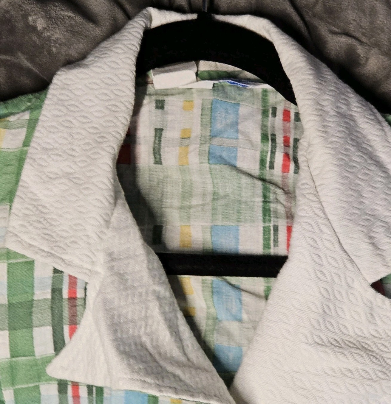 VTG Sears Fashions Shortsleeve Blouse Plaid Pastel Green Collared Cotton 70s 14