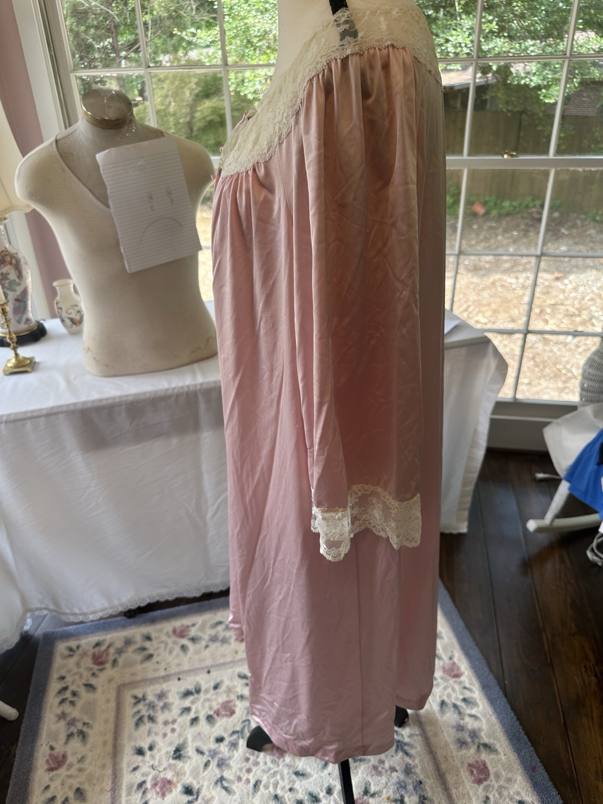 Vintage 1970s Pink Silky Robe Housecoat Lace Button Up Cottagecore Grandmacore