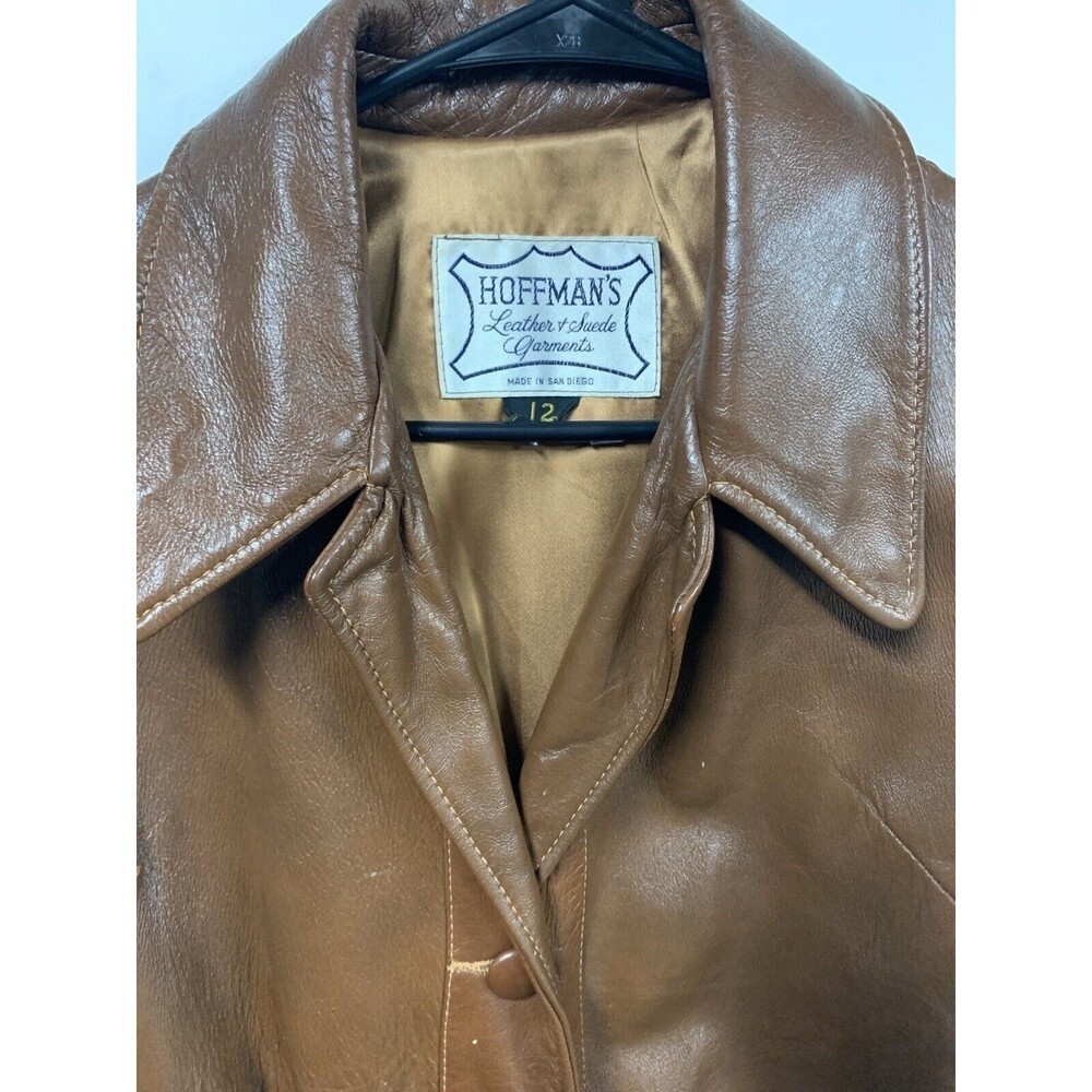 Hoffmans Vintage Brown Leather Satin Lined Womens Belted Jacket 70s Size 12