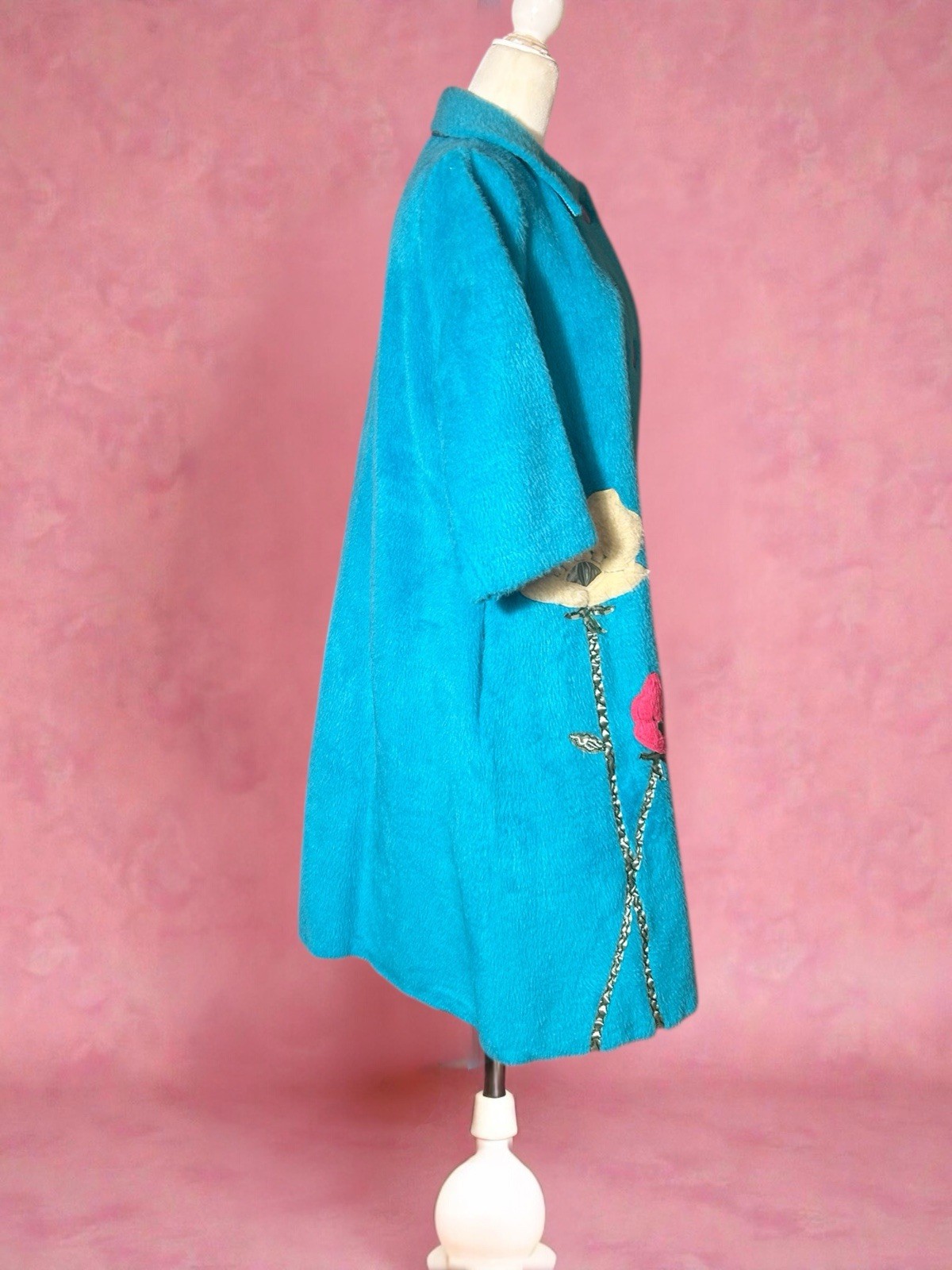 Vtg 1960s Mod Turquoise 100% Cotton Plush Swing Coat Floral Appliqué Jacket L 14