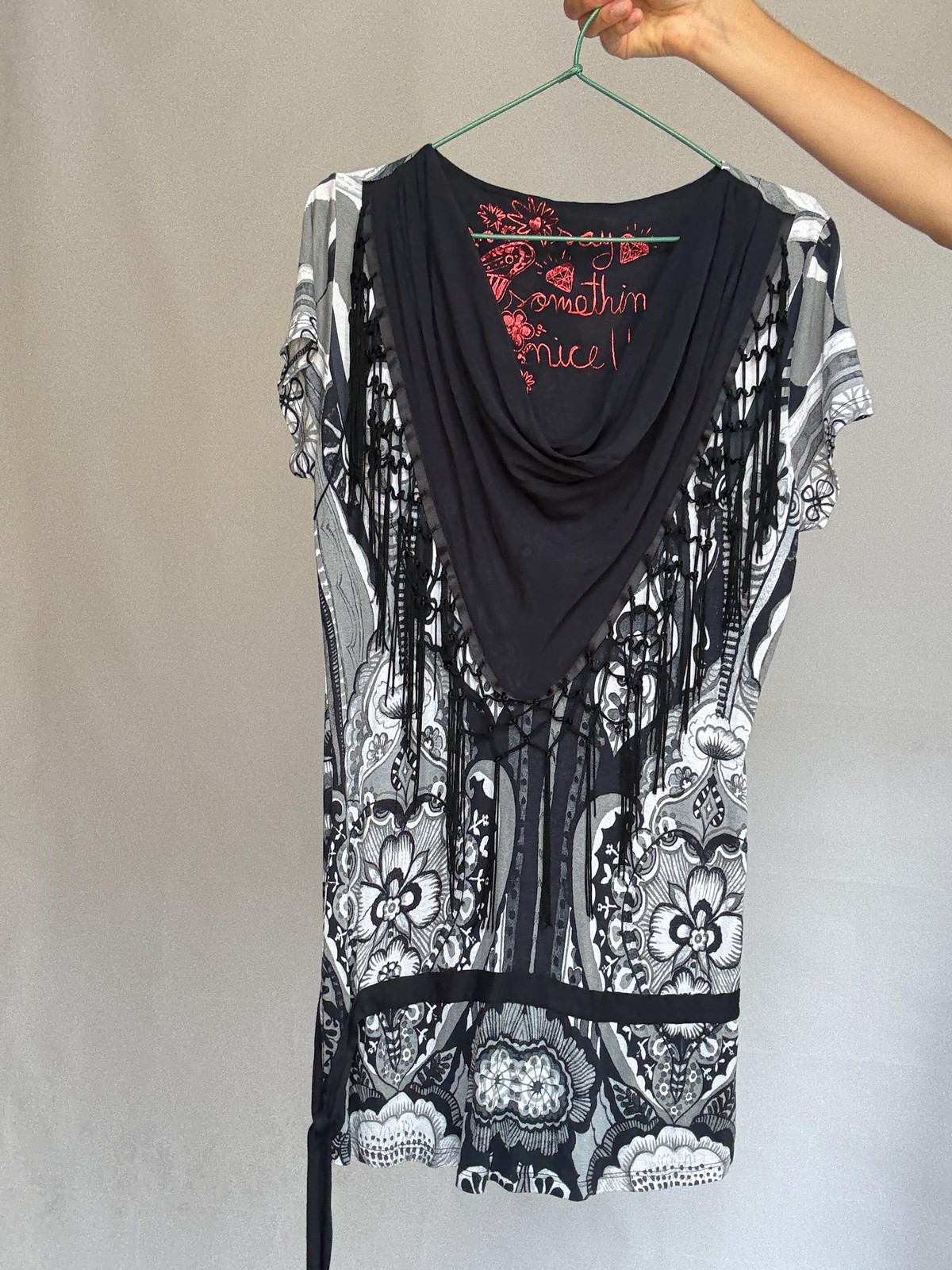 Desigual black white gray patterned blouse, cotton feel, relaxed fit, fringed sc