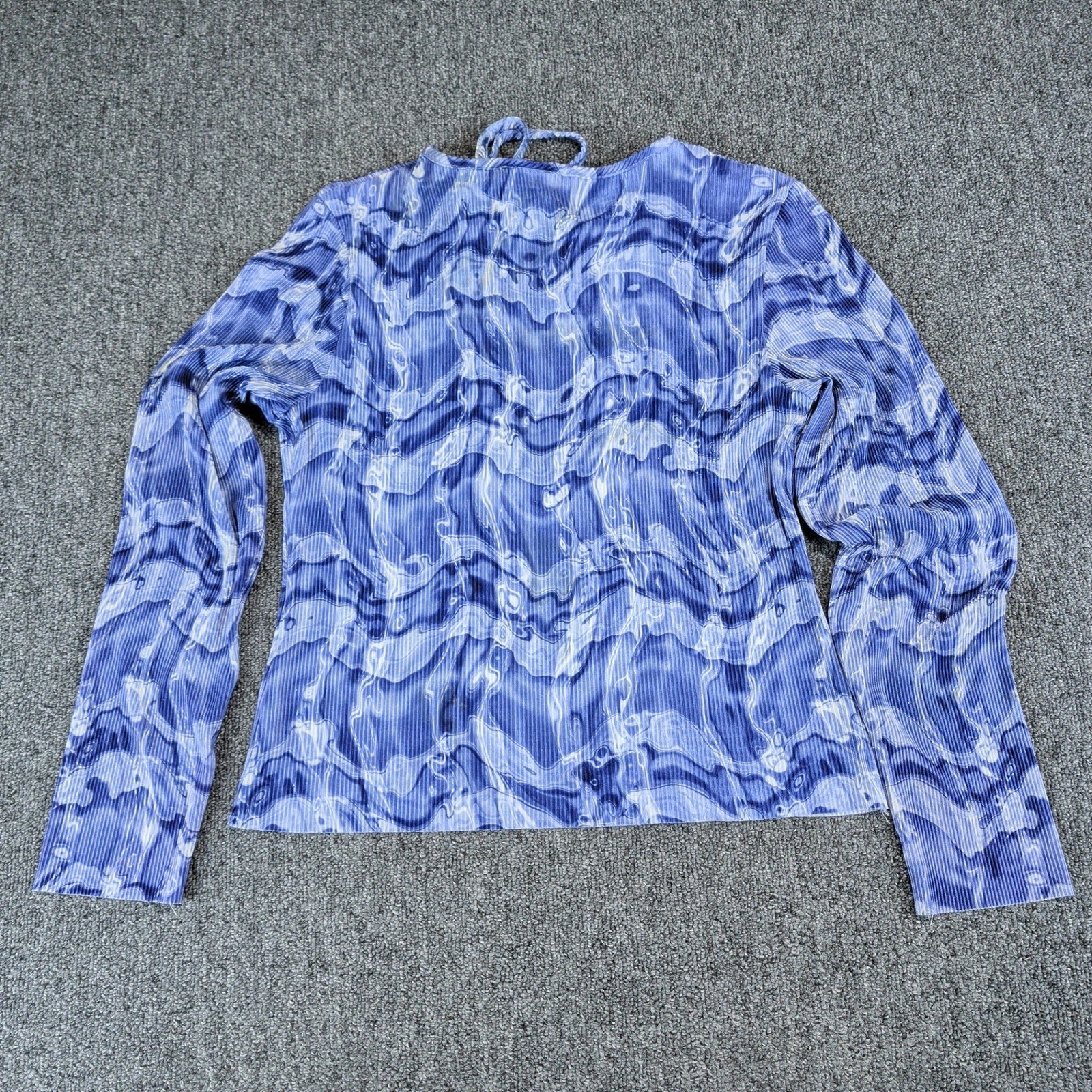 Rave Girl Vintage 90s Plissé Lace Up Top Women L Blue Marble Water Print Y2K