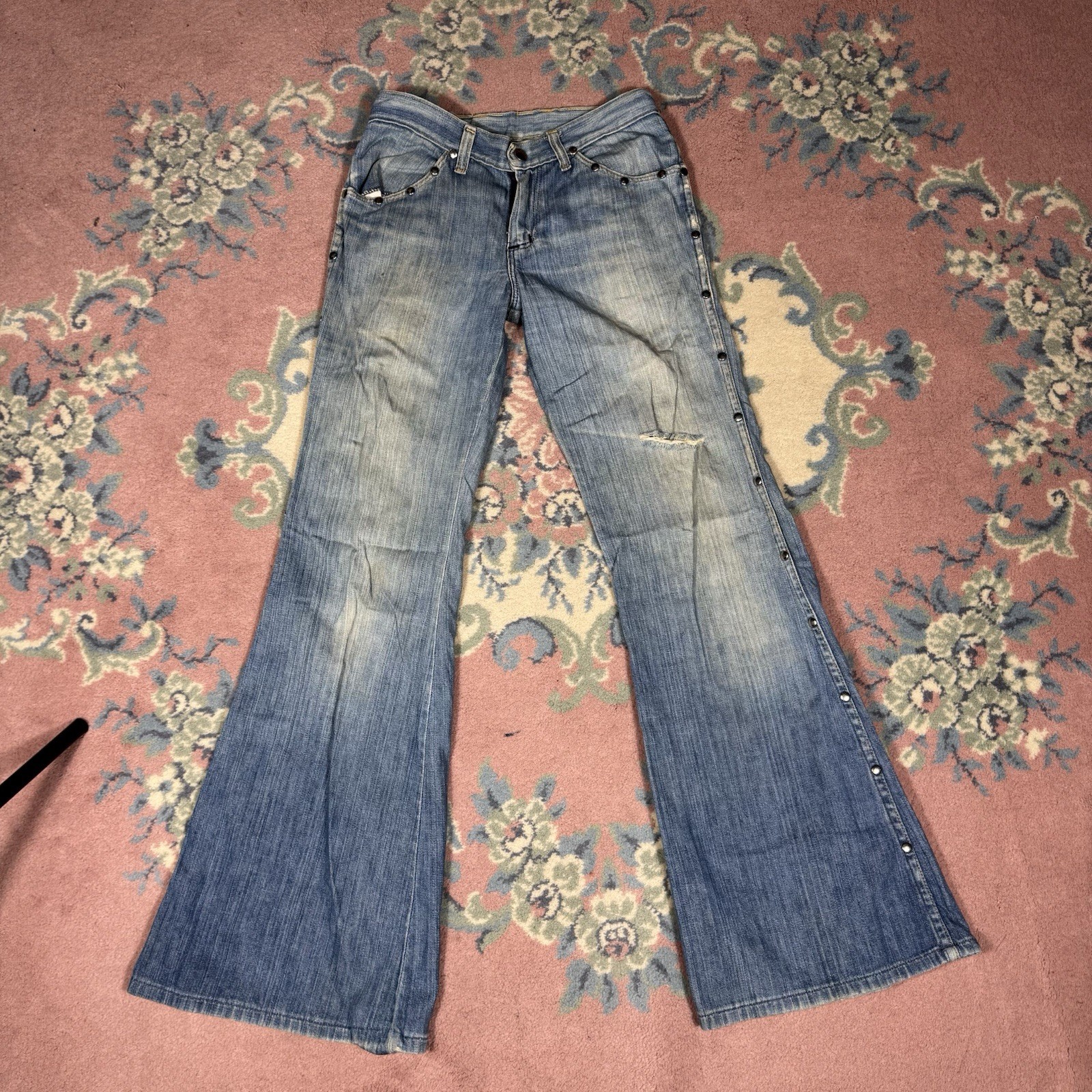 True Vintage 60s 70s Wrangler Bell Bottoms Ladybug Patched Denim Jeans 27×30