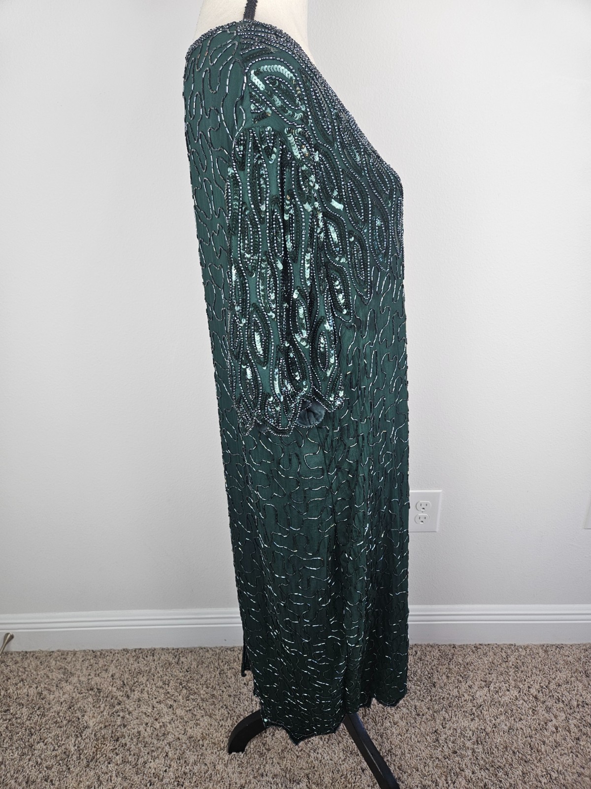 Women’s Vintage Beaded 100% Silk Emerald Green Dress Size 2X