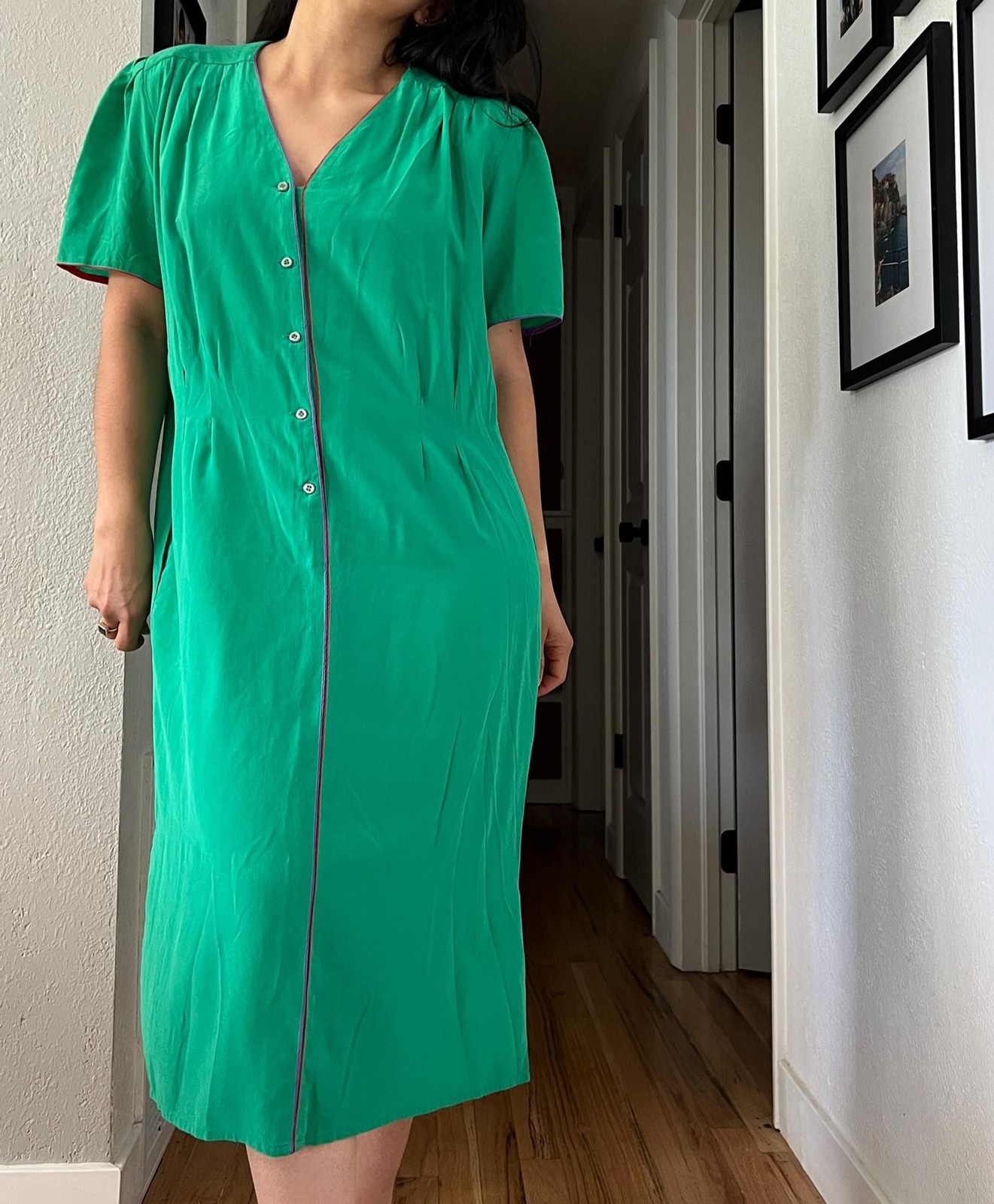 vtg bright green silk midi shift dress size 16 purple red plus work business
