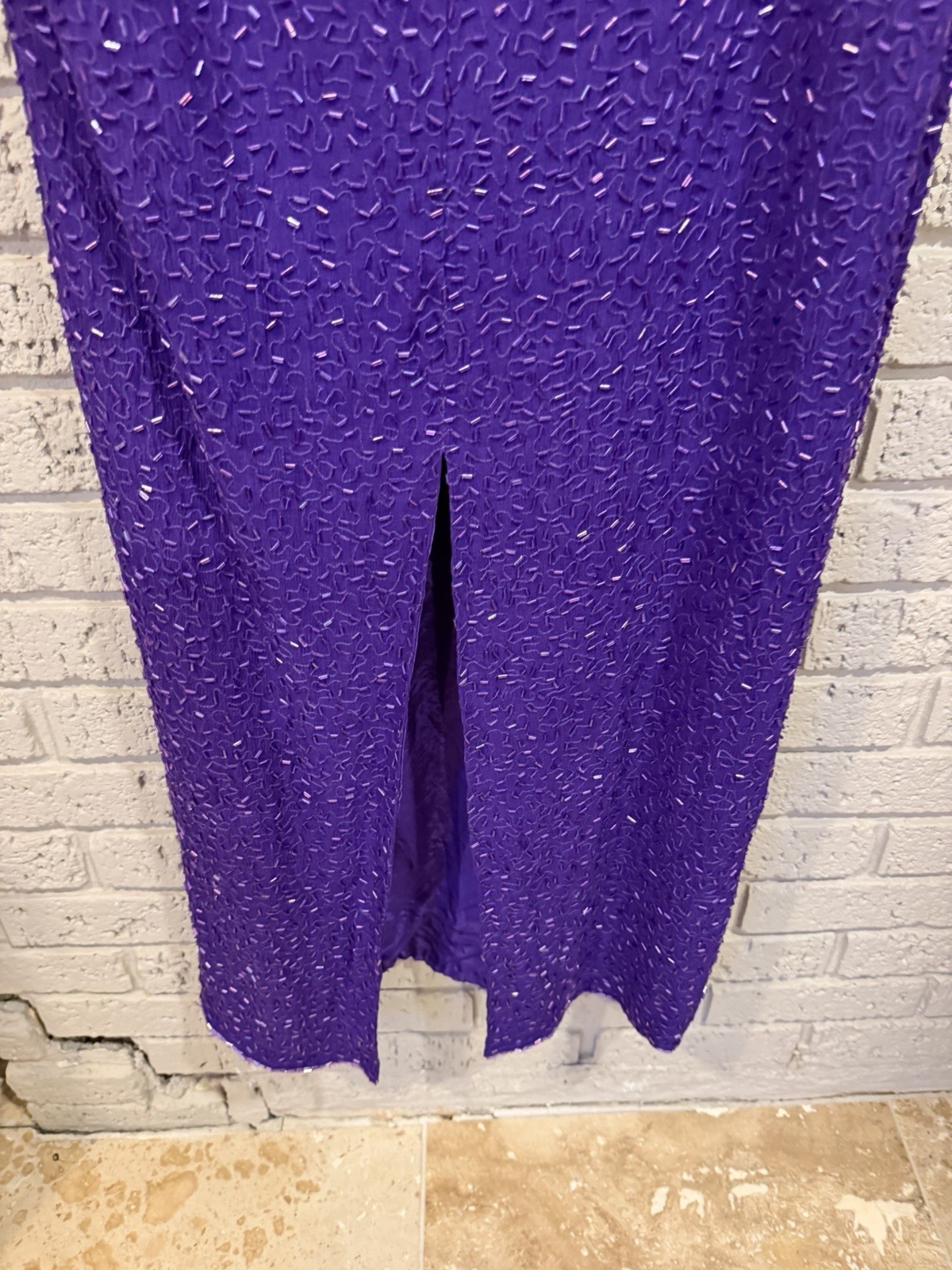 80S Vintage Sequin Imports 100% Silk Purple And Silver Beaded Ball Gown. READ