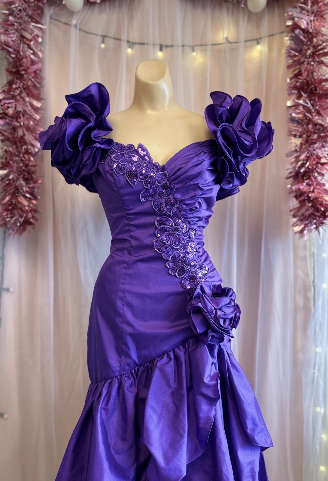 Vintage 80s Formal Prom Party Evening Dress Purple Sequins Poufy Sleeves M