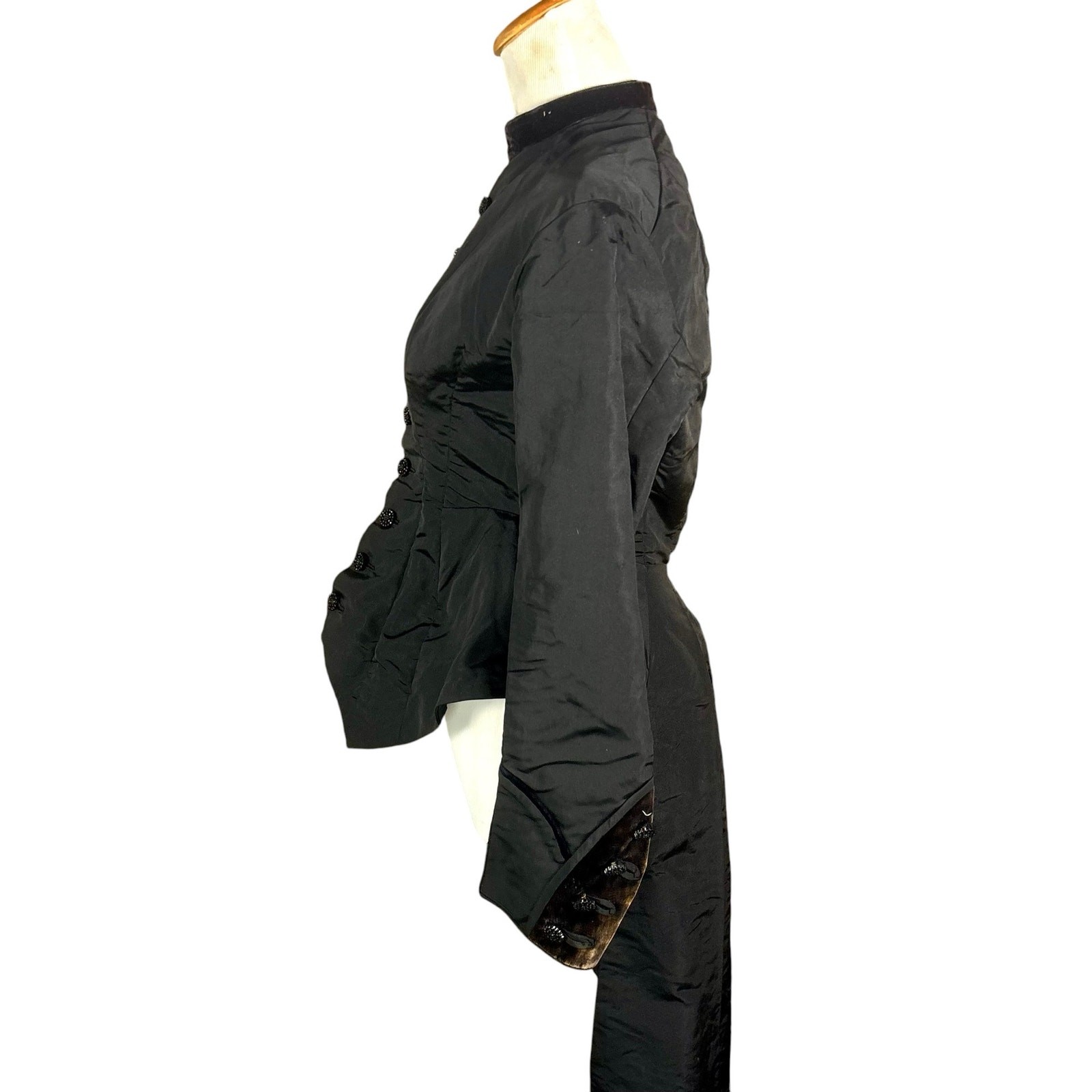 Antique 1890s Victorian Black Silk Mourning Coat Jet Beaded Tailcoat Jacket