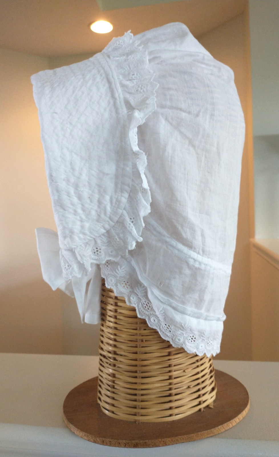 Antique Victorian White Cotton Sleep Bonnet – Nightcap W/ Eyelet
