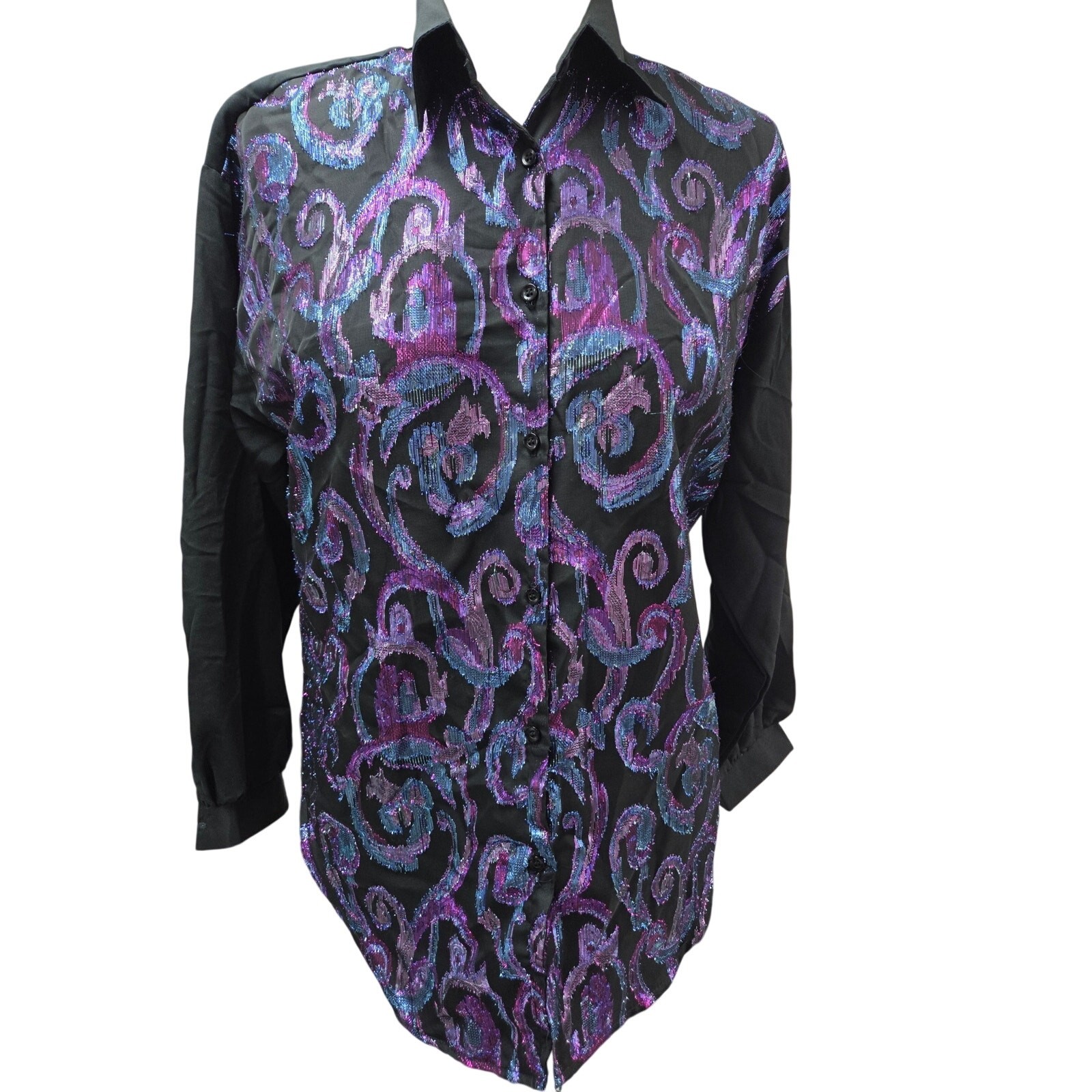 VTG 1980s Jeri Marque Metallic Scroll Blouse Black Purple Teal Button Down