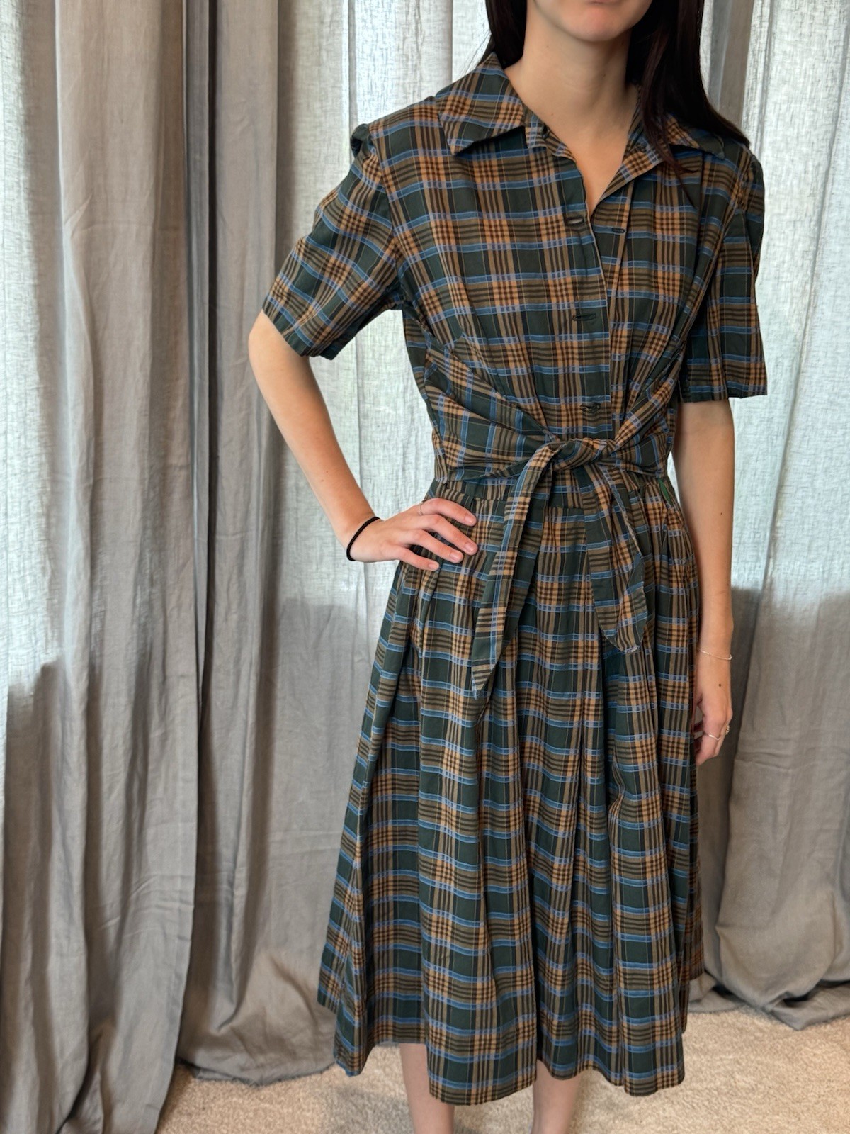 Vtg 50s Plaid Cotton Shirtwaist Dress Full Pleated Skirt M