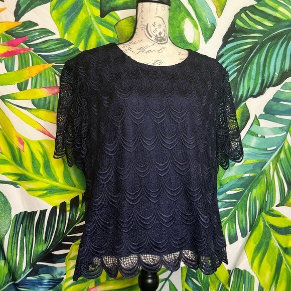 Vintage SL Fashions 14W/16W Dark Blue Lace Layered Church Office Cropped Blouse