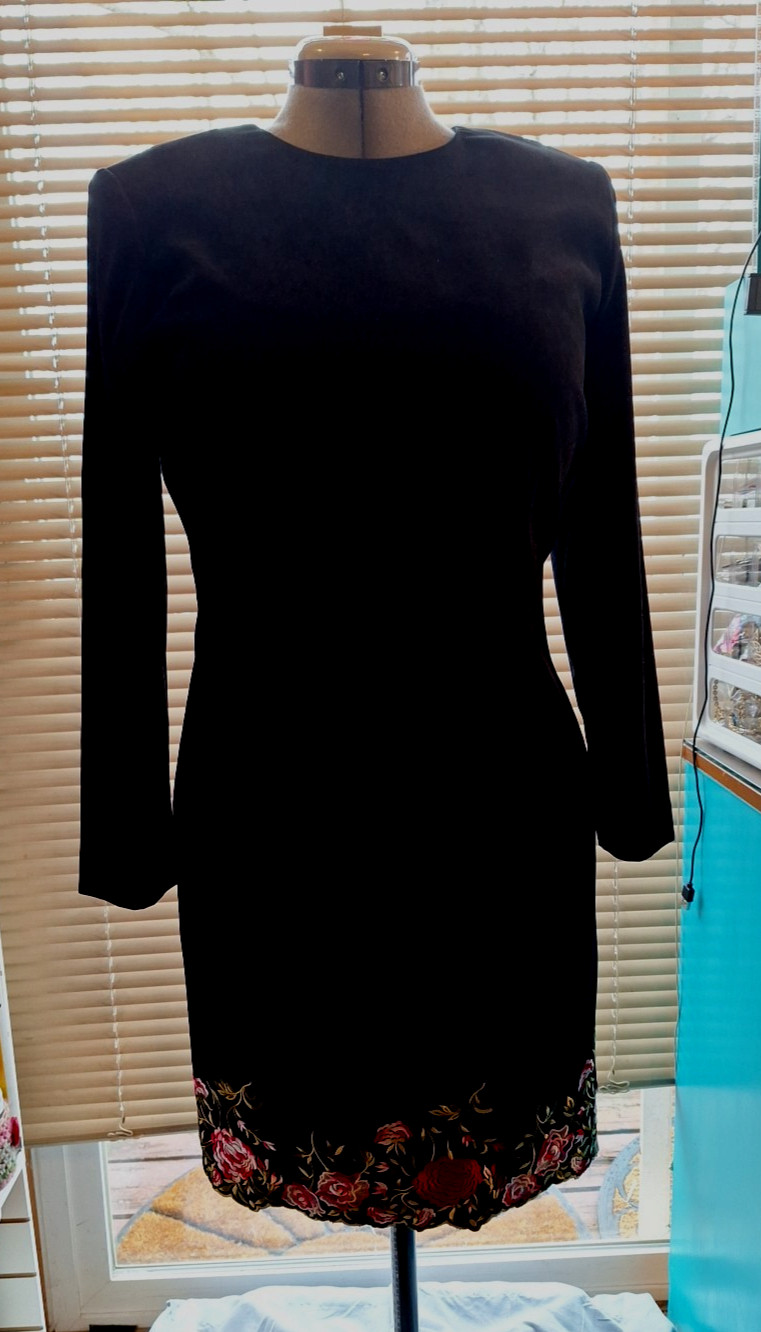 Positive Attitude Ladies Velveteen Dress Black w/embroidery & scalloped hem 10P