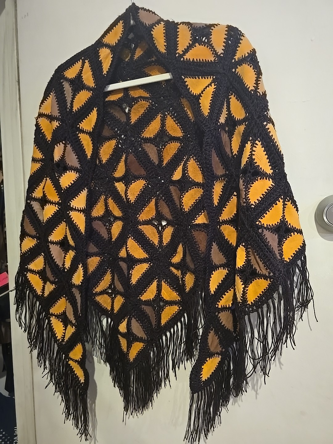 Vintage 60s Sueded Leather Patchwork Shaw Duster OS Brown Mustard Geometric
