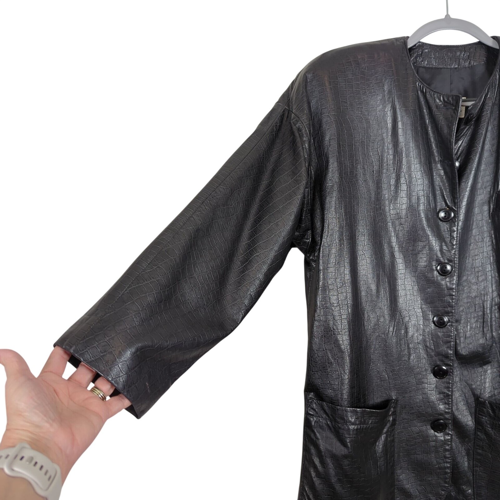Vintage Vakko Leather Black Jacket Size M Croc Embossed USA Made Button Front