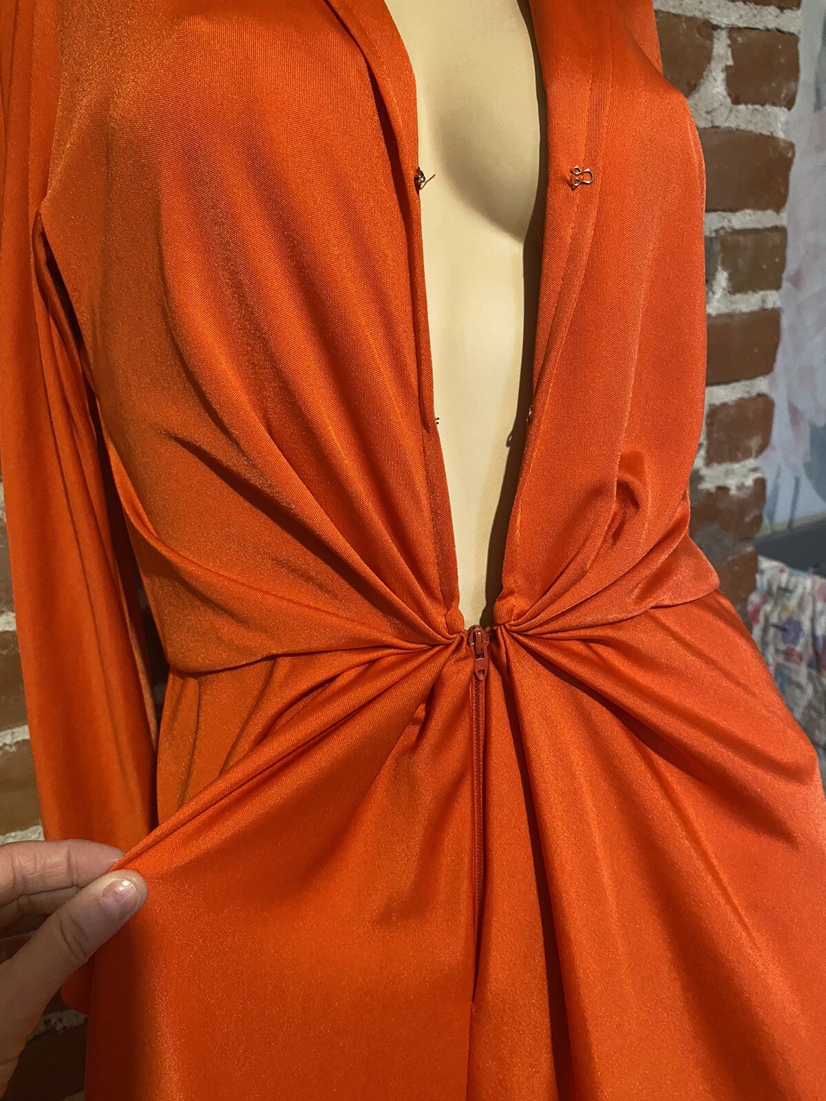 Halston IV Vintage 70s Women’s Dorian Caftan Maxi Dress Orange Red O/S Deep V