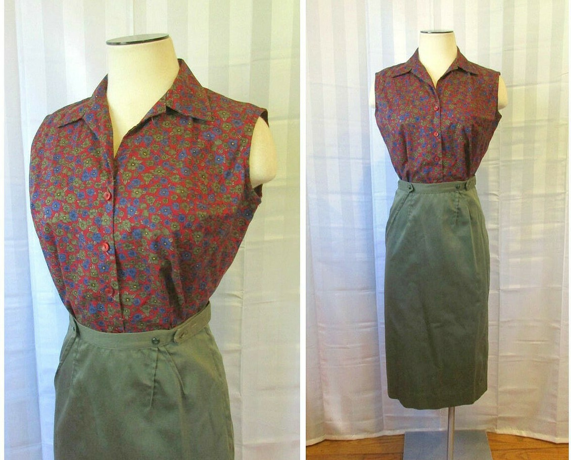 Vintage Skirt Blouse 2 Piece Suit 1950s 1960s Outfit Century of Boston M Set 36